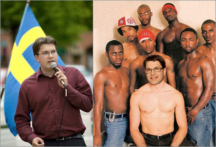 En barbröstad Åkesson poserar  med homosexuella vänner för att övertyga HBT-rörelsen..