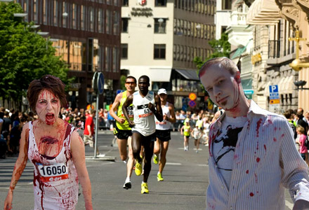 Zombier och 50-taggare sprang i lördags Marathon genom Stockholms gator.