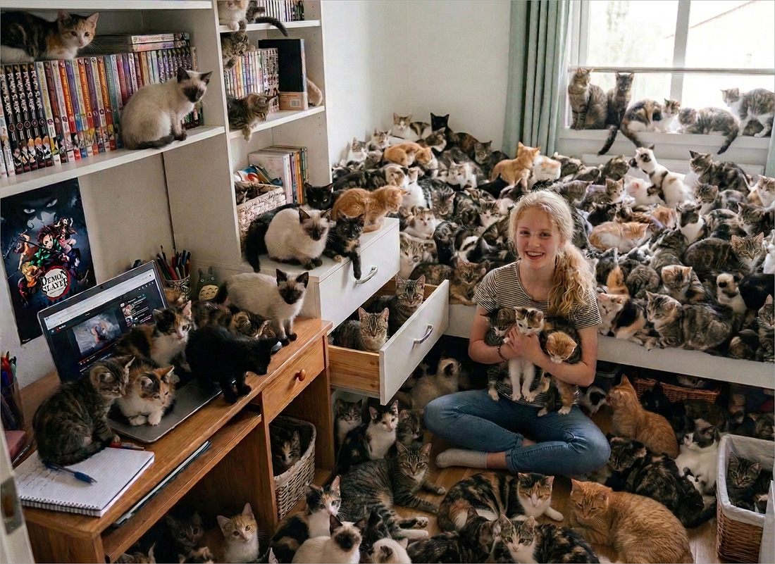 Linnea med några av katterna hon räddat.