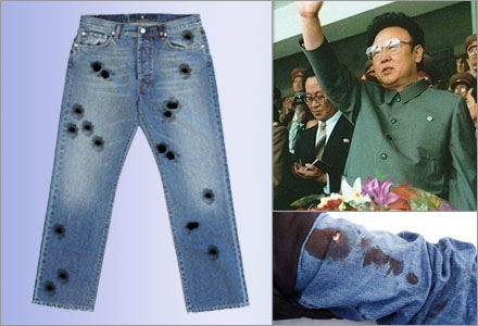 De nya jeansen går att få med kulhål från en AK47, garanterat autentiska rymningsjeans. De nya jeansen går att få med kulhål från en AK47, garanterat autentiska rymningsjeans.