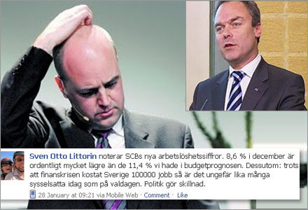 Både Fredrik Reinfeldt och arbetsmarknadsminister Sven-Otto Littorin använde sig av den felaktiga jämförelsen. Både Fredrik Reinfeldt och arbetsmarknadsminister Sven-Otto Littorin använde sig av den felaktiga jämförelsen.